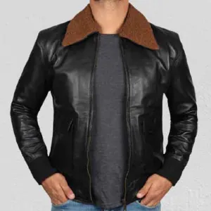 Bespoke Black Leather Bomber Jacket with Brown Fur Collars, Winter Biker Jackets