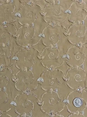 Sand Cream Sequin & Beads on Silk Chiffon JEC-157 Fabric